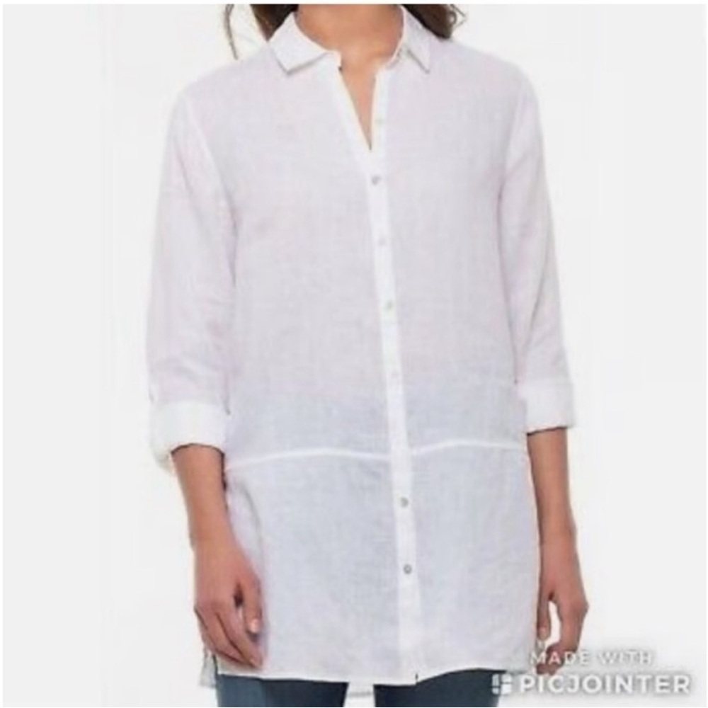 TAHARI ESSENTIAL White 100% Linen Button Up Shirt Tunic Top 1X Coastal Beachy